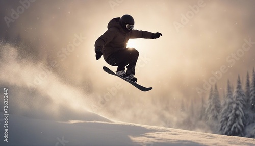 silhouette of snowboarder flying through snow in dense fog, sun in background 