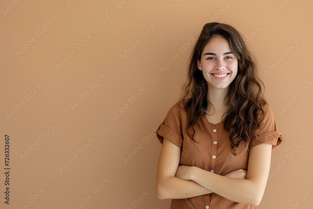 clever wit beautiful hispanic woman standing smiling on contemporary simple beige background with arms crossed. generative AI - obrazy, fototapety, plakaty 