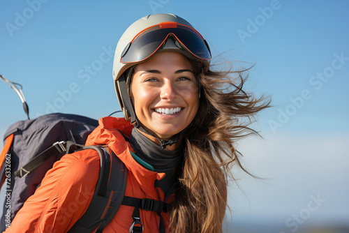 Happy Female Skydiver with Parachute Bag, Wearing Glasses and Helmet