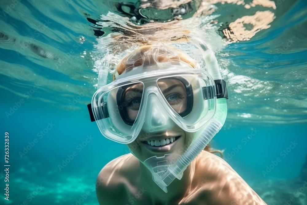 Fototapeta premium Beautiful Woman Diving with Snorkel and Mask - Travel Concept