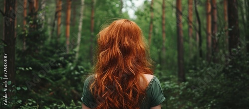 A woman with red hair admires the forest, her hair long and well-maintained, as she faces away from the camera. photo