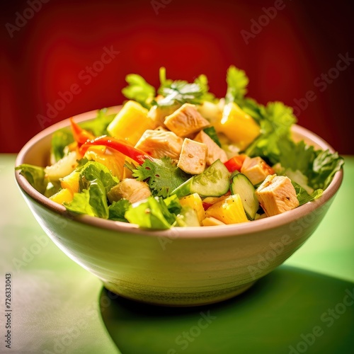 Bowl of salad with tofu and vegetables on a green table.