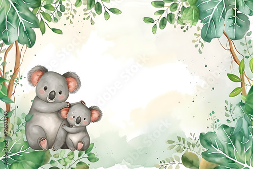 Cute cartoon koala bear frame border on background in watercolor style.