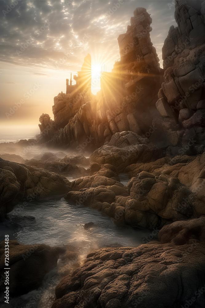 a breathtaking sunrise illuminating rocky shores, casting golden hues and intricate shadows, evoking a serene, mystical atmosphere, ai generative