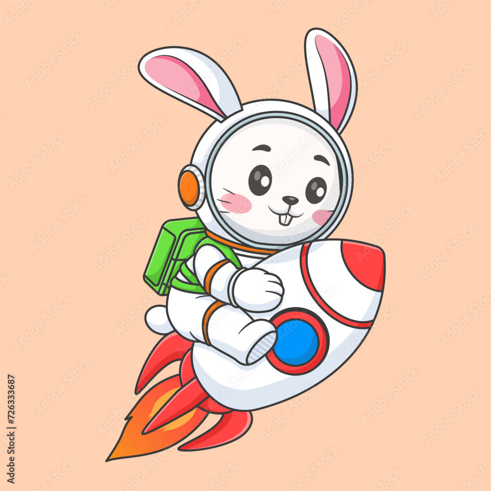 Obraz premium Cute rabbit astronaut riding rocket in space cartoon vector icon illustration animal science isolated