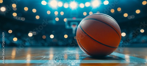 Basketball game in stadium court with spotlight, basketball, and copy space for text placement © Andrei