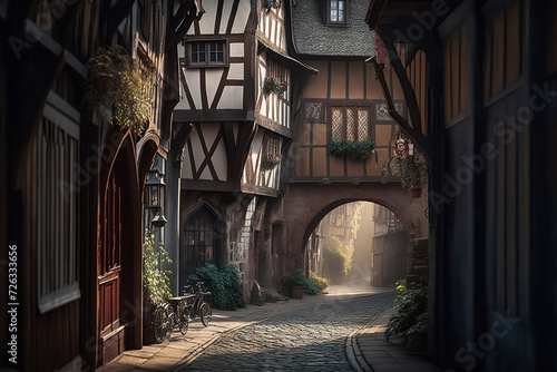 A picturesque cobblestone street  adorned with charming old-world architecture and hanging flower baskets  illuminated by soft  magical ligh  ai generative