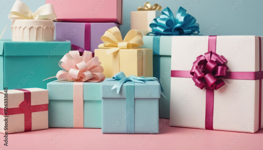 Obraz premium Gifts on Pink Background. A collection of gift boxes with ribbons surround on a pink background. The concept Valentine’s Day or birthday