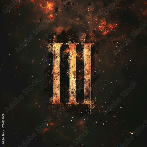 Gold metal roman numeral three on a dark background, 3 with stains and scratches, around sparks and flashes, three vertical stripes photo