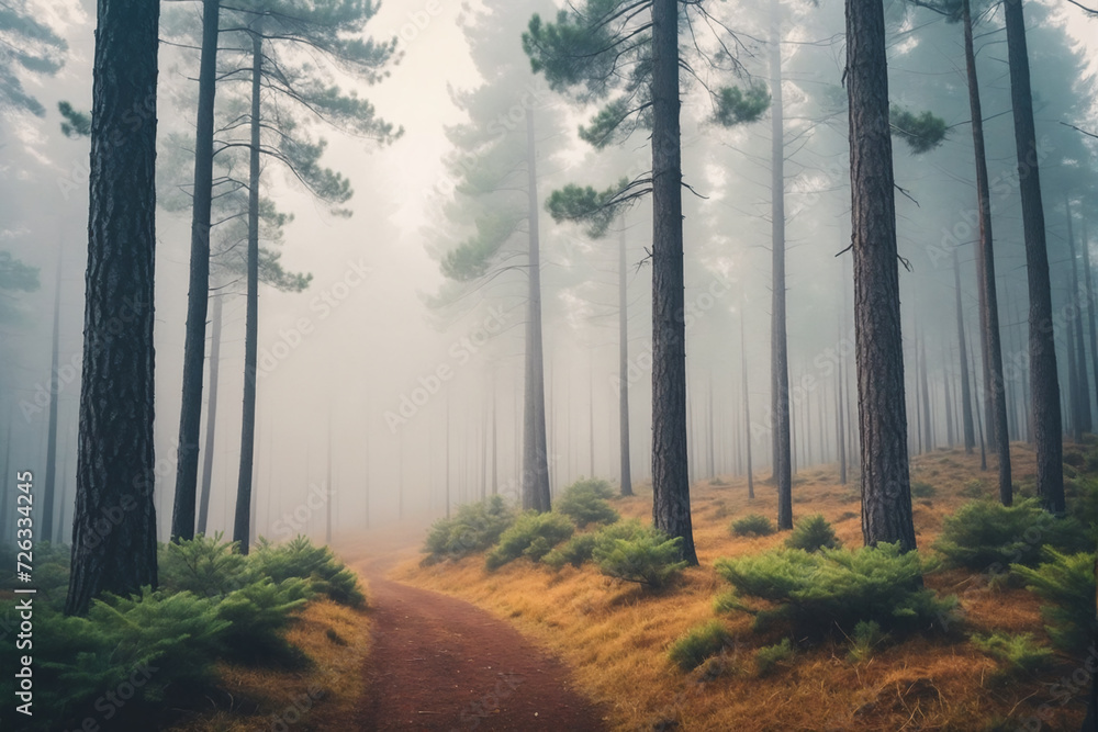 Naklejka premium Foggy pine forest in the morning, retro toned