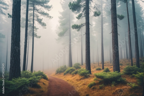 Foggy pine forest in the morning, retro toned