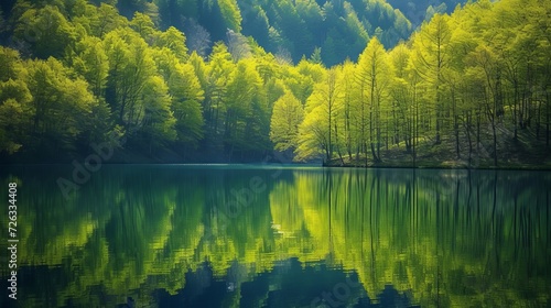 Spring forest in calm lake reflection