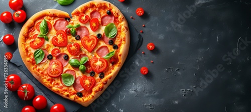 Heart shaped pizza for romantic dinner, top view with copy space for text placement