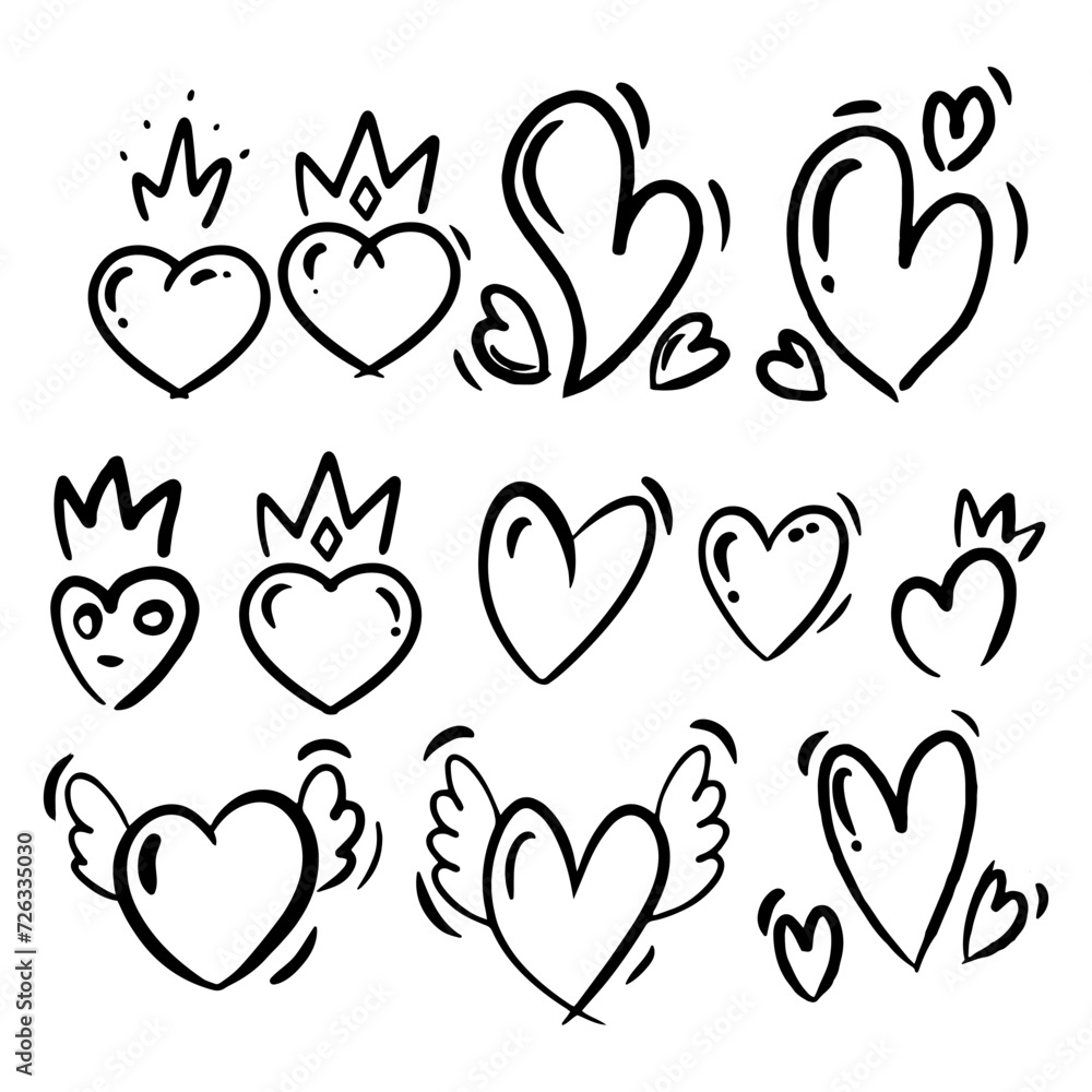 Doodle style hand drawing. Black and white drawings of hearts. Isolated vector illustration