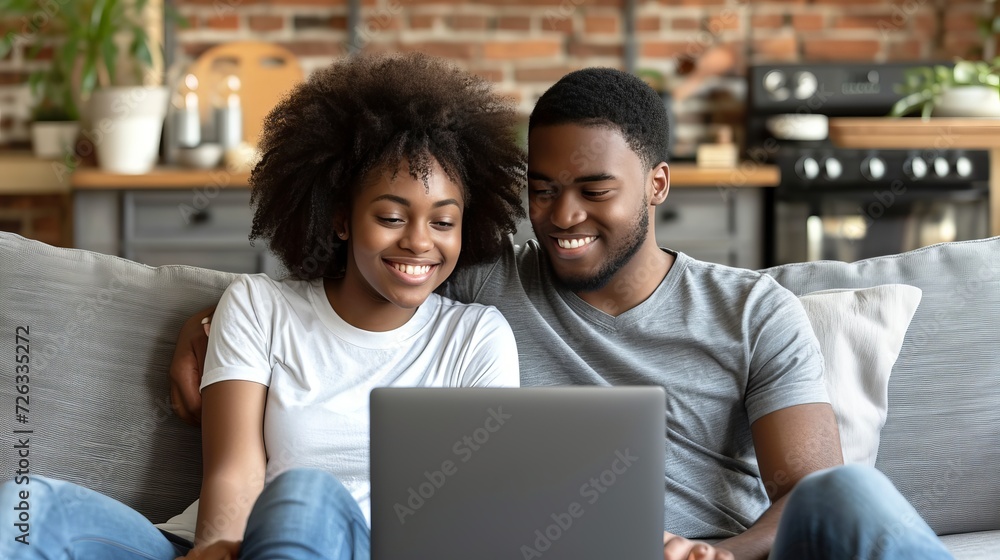 Happy multiracial couple bonding and laughing while watching laptop on cozy sofa at home