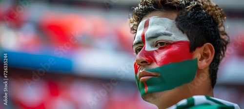 Cheering mexico football fan with painted face in national flag colors at stadium   copy space