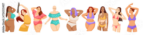 Set of women or girls body positive concept. Woman in swimsuit is not shy about her body. Beauty figure shape. Attractive person in bikini. Flat vector illustration isolated on white background