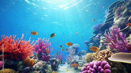Beautiful coral reef with tropical fish. Underwater sea world with topical fish and corals. Generative AI photo