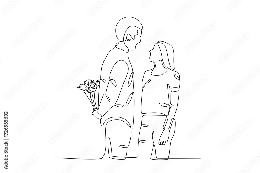 A man gives a flower surprise to his girlfriend A man gives a flower surprise to his girlfriend