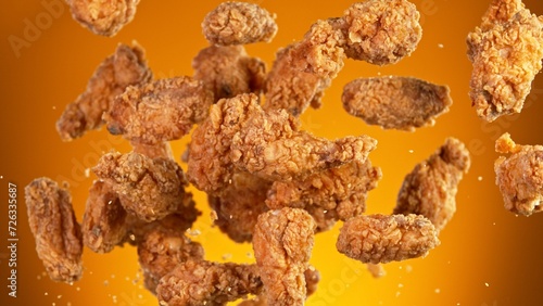 Flying Fried Chicken Pieces Isolated on Colored Background, Selective Focus. Concept of Flying Food.