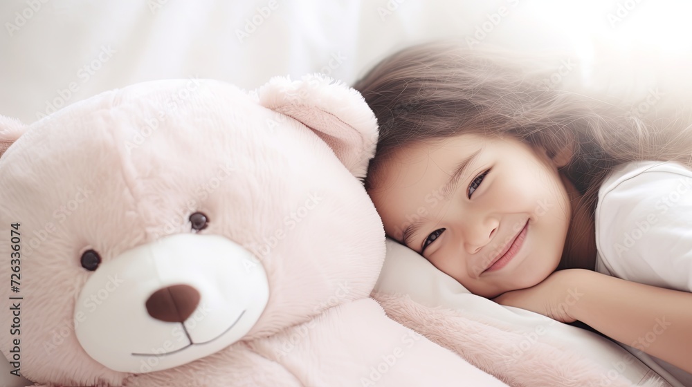 Little Girl Resting in Bed With a Large Teddy Bear Little Girl Resting in Bed With a Large Teddy Bear