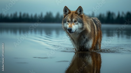 AI generated illustration of a wolf walking in a tranquil lake