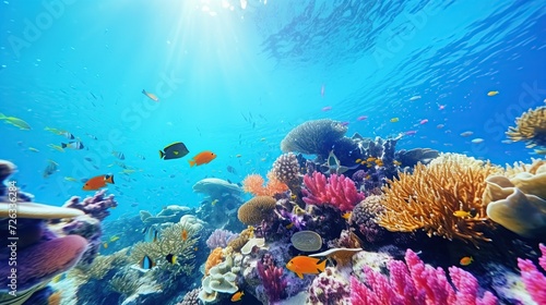 Fototapeta Naklejka Na Ścianę i Meble -  Beautiful coral reef with tropical fish. Underwater sea world with topical fish and corals. Generative AI