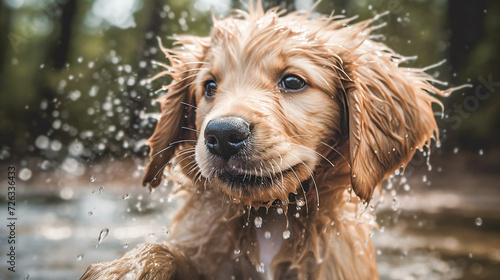 A wet golden retriever puppy shakes his head and shakes water from his fur. © Рика Тс