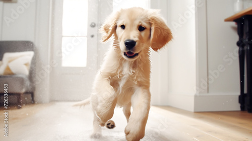 A wet golden retriever puppy shakes his head and shakes water from his fur in a white living room.