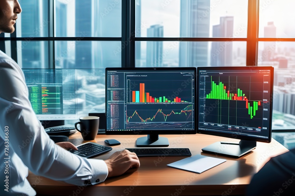 business person working on laptop checking stock market graphs business person working on laptop checking stock market graphs