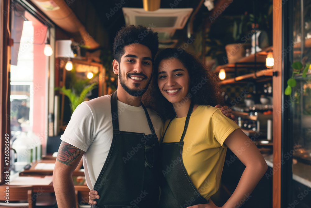 young couple in apron and apron standing in a restaurant