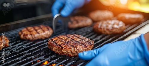 Chef preparing mouthwatering meat cutlet burgers in fast food kitchen for take away orders