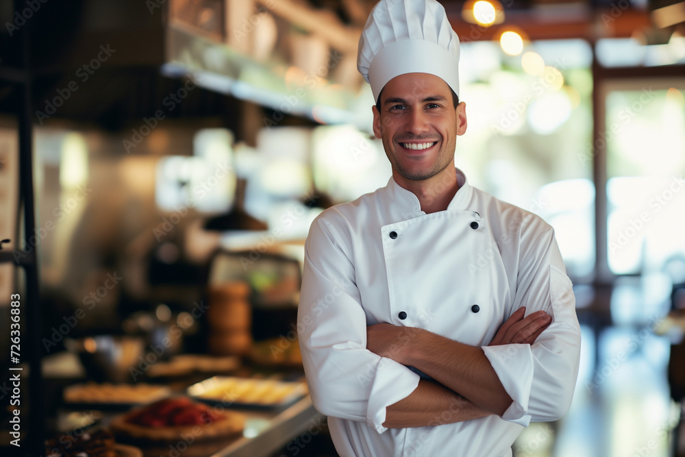 smiling chef standing with arms crossed in restaurant