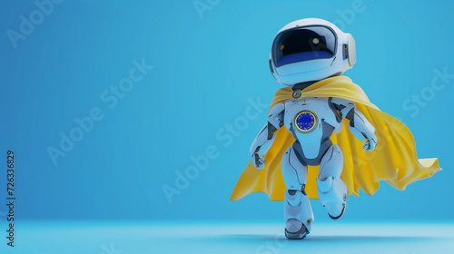 Bright Blue Background with Cheerful Robot Wearing Cape with EU Emblem/ Hero Robot in EU Colors /Representing the AI Act