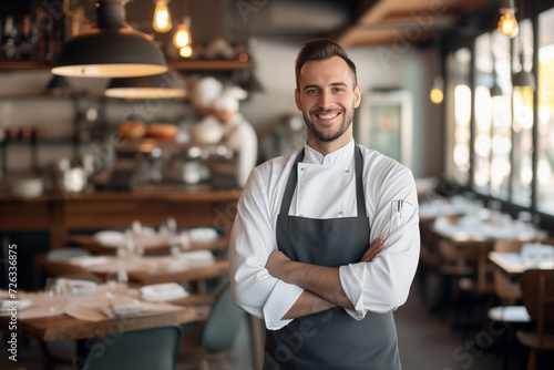smiling chef standing with arms crossed in restaurant