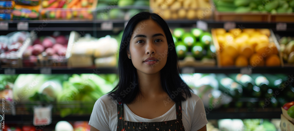 woman in front of fresh food and groceries in supermarket