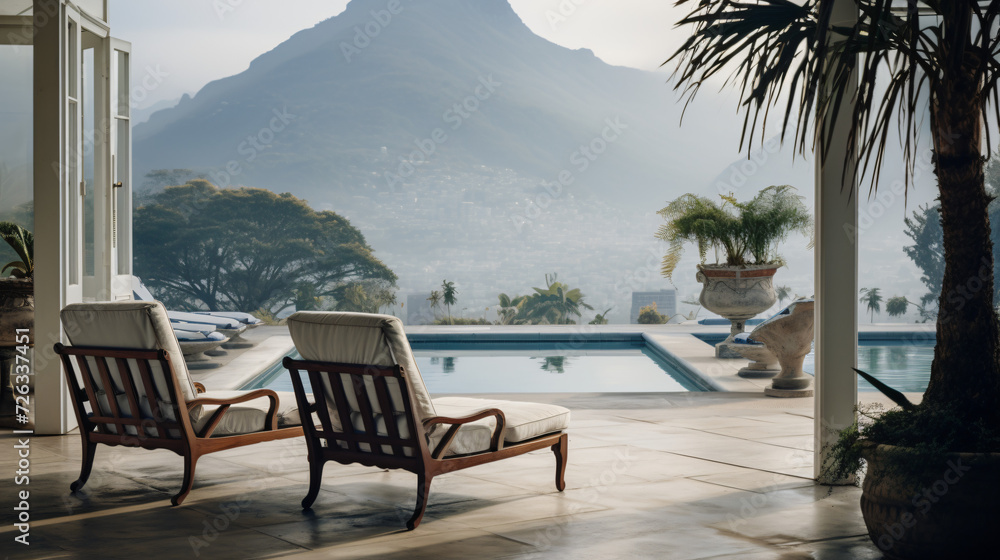 Terrace at the poolside with misty landscape