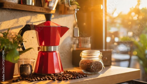 Red moka pots on the wooden table, there is coffee beans in jar and its cafe ambiance with sunset photo
