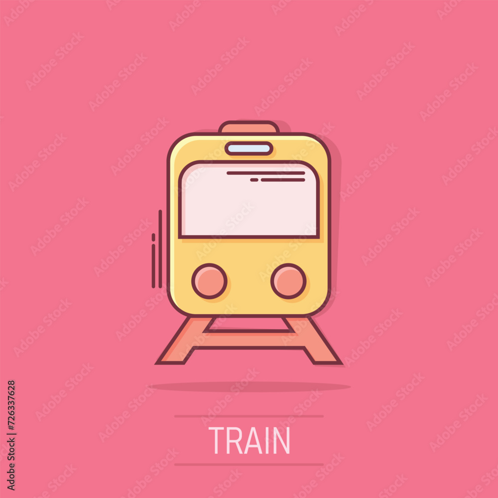 Metro icon in comic style. Train subway cartoon vector illustration on white isolated background. Railroad cargo splash effect business concept. Metro icon in comic style. Train subway cartoon vector illustration on white isolated background. Railroad cargo splash effect business concept.