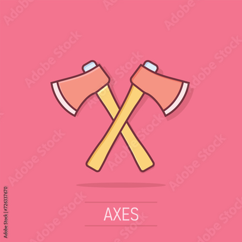 Axe icon in comic style. Lumberjack cartoon vector illustration on white isolated background. Blade splash effect business concept.