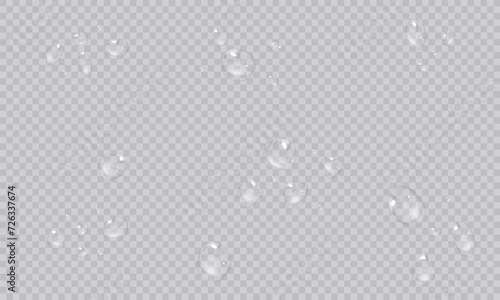 Vector water droplets. PNG droplets  condensation on glass  on various surfaces. Realistic droplets on a transparent isolated background. PNG. 