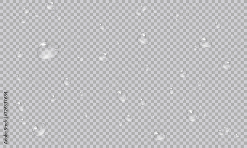 Vector water droplets. PNG droplets, condensation on glass, on various surfaces. Realistic droplets on a transparent isolated background. PNG. 