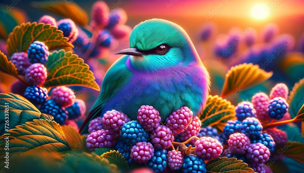 Teal bird with tantalizing feathers finds solace among mulberry bush berries, bathed in the soft glow of the setting sun. 