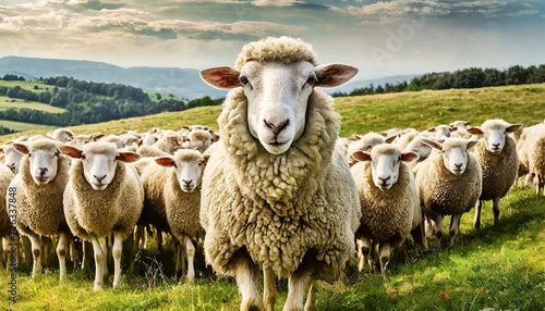 Closeup of a herd of sheep or flock of sheep, on a mountain pasture looking at camera. Generative Ai.