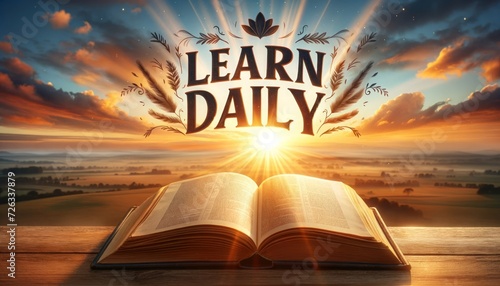 Open book against a sunrise landscape, motovational quote 'LEARN DAILY' illuminated by the first light of day. photo