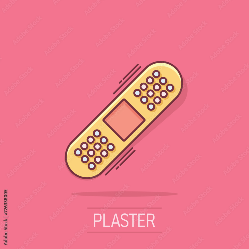 Bandage icon in comic style. Plaster cartoon vector illustration on white isolated background. First aid kit splash effect business concept. Bandage icon in comic style. Plaster cartoon vector illustration on white isolated background. First aid kit splash effect business concept.