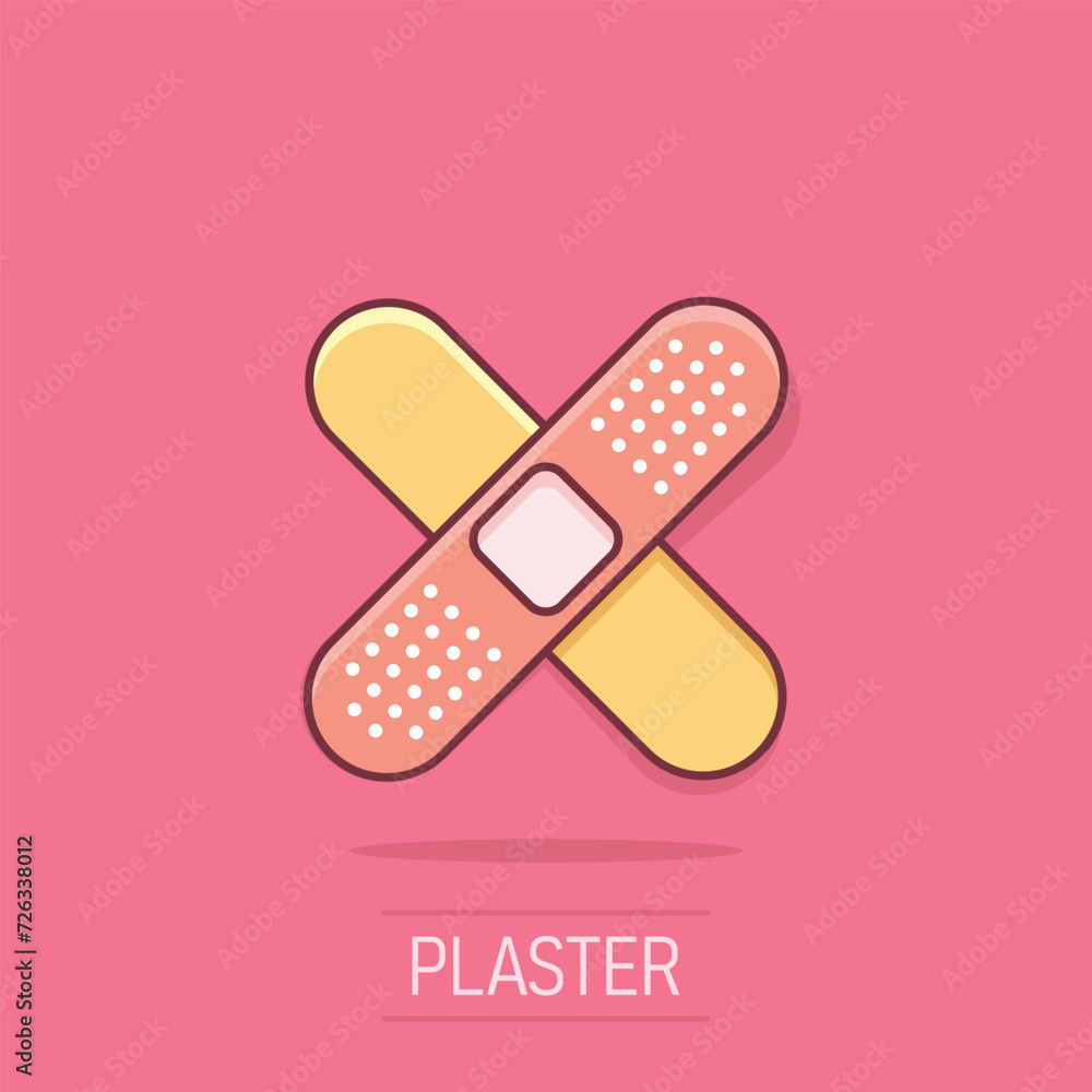 Bandage icon in comic style. Plaster cartoon vector illustration on white isolated background. First aid kit splash effect business concept. Bandage icon in comic style. Plaster cartoon vector illustration on white isolated background. First aid kit splash effect business concept.