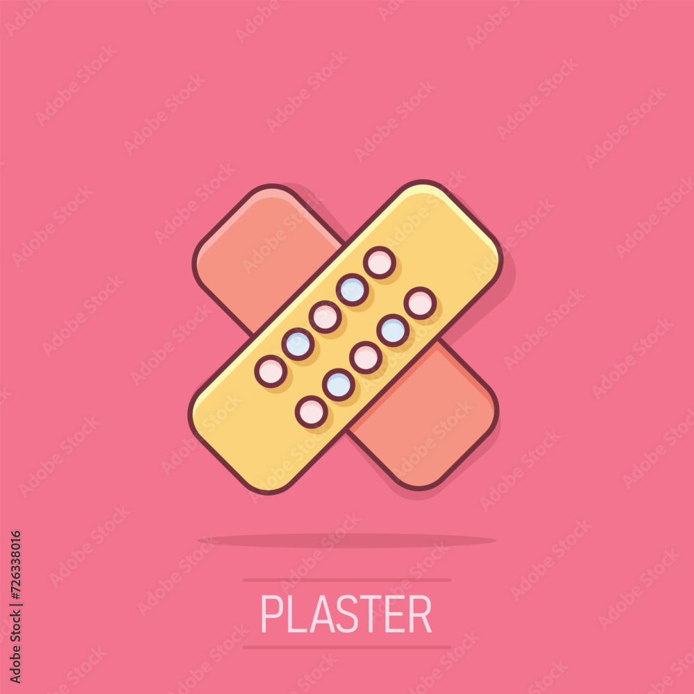 Bandage icon in comic style. Plaster cartoon vector illustration on white isolated background. First aid kit splash effect business concept. Bandage icon in comic style. Plaster cartoon vector illustration on white isolated background. First aid kit splash effect business concept.