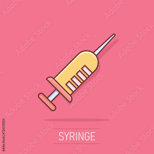 Syringe icon in comic style. Inject needle cartoon vector illustration on white isolated background. Drug dose splash effect business concept.