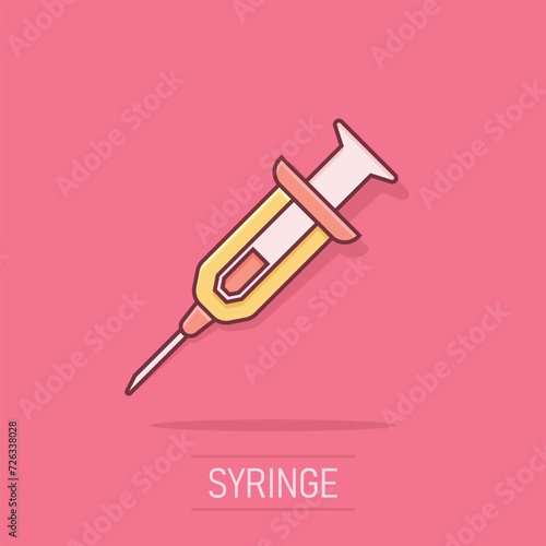Syringe icon in comic style. Inject needle cartoon vector illustration on white isolated background. Drug dose splash effect business concept.